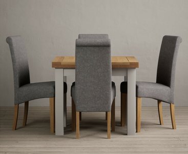 View Extending buxton 90cm oak and soft white painted dining table with 6 blue scroll back chairs View Extending buxton 90cm oak and soft white painted dining table with 6 blue scroll back chairs