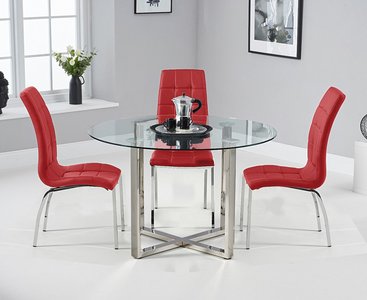 View Vaso 120cm round glass dining table with 4 white enzo chairs View Vaso 120cm round glass dining table with 4 white enzo chairs