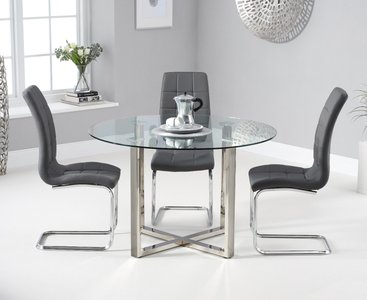 View Vaso 120cm round glass dining table with 4 white vigo chairs View Vaso 120cm round glass dining table with 4 white vigo chairs