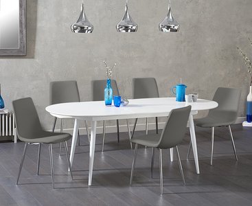 View Extending veneti white high gloss dining table with 8 grey chairs View Extending veneti white high gloss dining table with 8 grey chairs
