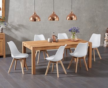 View Thetford 150cm oak dining table with 8 white orson chairs View Thetford 150cm oak dining table with 8 white orson chairs