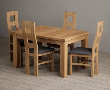 View Extending yateley 130cm solid oak dining table with 4 light grey natural chairs View Extending yateley 130cm solid oak dining table with 4 light grey natural chairs