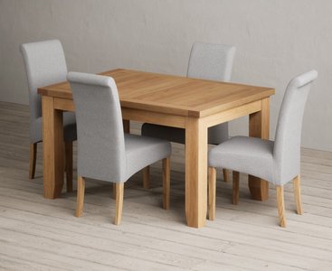 View Extending yateley 130cm solid oak dining table with 4 grey scroll back chairs View Extending yateley 130cm solid oak dining table with 4 grey scroll back chairs