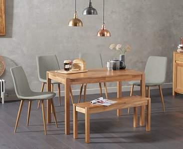 View York 150cm solid oak dining table with 2 grey chairs with 1 oak bench View York 150cm solid oak dining table with 2 grey chairs with 1 oak bench
