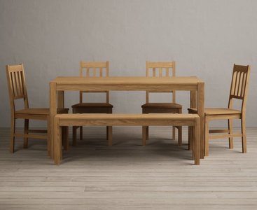 View York 150cm solid oak dining table with 4 light grey york chairs with 1 oak bench View York 150cm solid oak dining table with 4 light grey york chairs with 1 oak bench