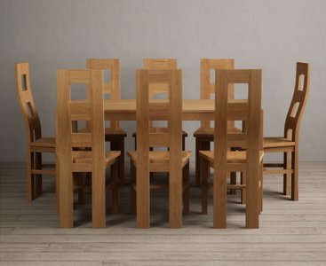 View York 150cm solid oak dining table with 8 brown natural chairs View York 150cm solid oak dining table with 8 brown natural chairs