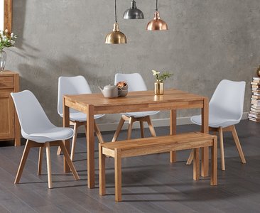 View York 150cm solid oak dining table with 2 white orson chairs with 1 oak bench View York 150cm solid oak dining table with 2 white orson chairs with 1 oak bench