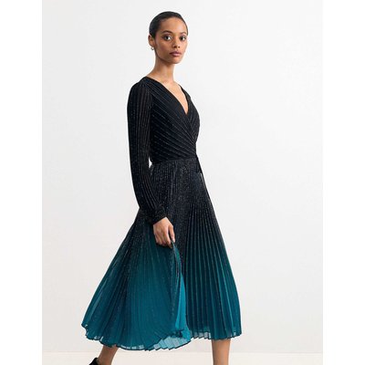 Phase Eight Plisse V-Neck Midi Waisted Dress Black Mix Phase Eight Plisse V-Neck Midi Waisted Dress Black Mix