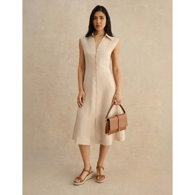 HOBBS Pure Linen Striped Midi Shirt Dress Beige Mix HOBBS Pure Linen Striped Midi Shirt Dress Beige Mix