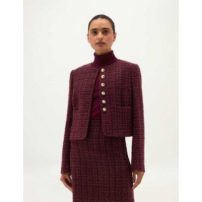 HOBBS Tweed Textured Collarless Short Jacket with Wool Brown Mix HOBBS Tweed Textured Collarless Short Jacket with Wool Brown Mix