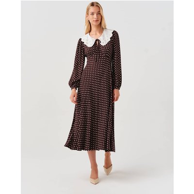 Ghost Crepe Polka Dot Midi Waisted Dress Brown Mix Ghost Crepe Polka Dot Midi Waisted Dress Brown Mix