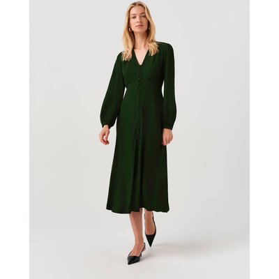 Ghost Crepe V-Neck Midi Waisted Dress Dark Green Ghost Crepe V-Neck Midi Waisted Dress Dark Green