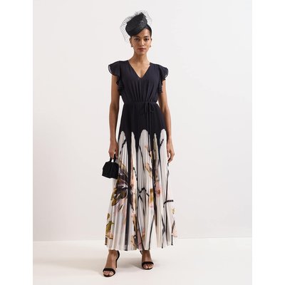 Phase Eight Floral V-Neck Pleated Maxi Waisted Dress Black Mix Phase Eight Floral V-Neck Pleated Maxi Waisted Dress Black Mix
