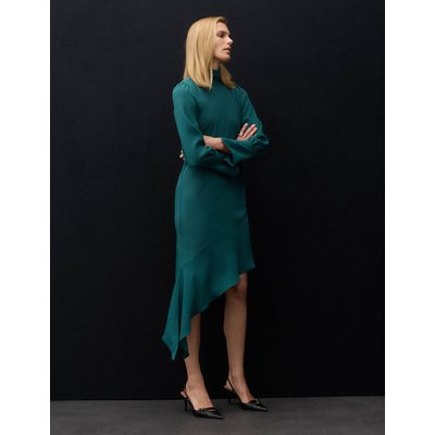 Autograph Satin Crepe Asymmetric Midi Waisted Dress Bottle Green Autograph Satin Crepe Asymmetric Midi Waisted Dress Bottle Green