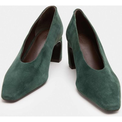 JAEGER Suede Block Heel Pointed Court Shoes Dark Green JAEGER Suede Block Heel Pointed Court Shoes Dark Green