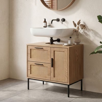 FineBuy Waschbeckenunterschrank Eiche-Optik 60x60x40 cm mit Tür und Schubladen, Badezimmerschrank mit Rattangeflecht, Unterschrank Stehend, Badschrank Midischrank Klein Waschtisch