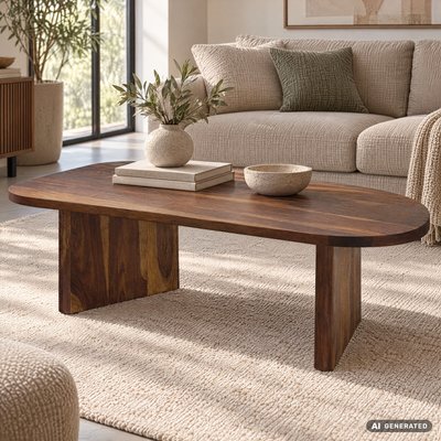FineBuy Couchtisch Sheesham Massivholz oval 120cm · Handgefertigter Wohnzimmertisch im modernen Design mit abgerundeter Form · Flacher Sofatisch aus Echtholz