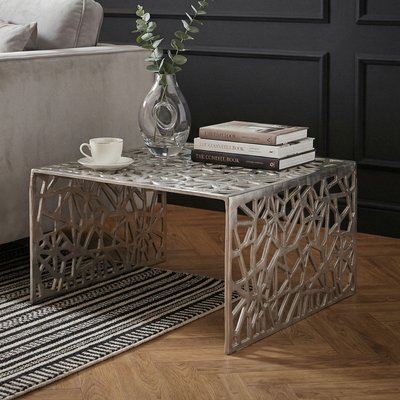 FineBuy Couchtisch Aluminium 60cm Quadratischer Sofatisch Metall - Wohnzimmertisch Alu modern mit Muster - Design Tisch niedrig - Loungetisch Beistelltisch Handmade