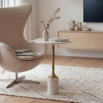 FineBuy Beistelltisch Metall mit weißer Marmor Tischplatte 37cm rund - Moderner Anstelltisch - Design Sofatisch - Loungetisch Couchtisch - Edler Wohnzimmertisch Handmade