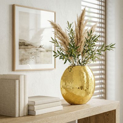 FineBuy Tischvase Metall 40cm - Dekovase Mosaik rund - Vase modern - Wohnzimmer Deko - Design Vase flach Tisch Dekoration Handmade