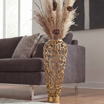 FineBuy Bodenvase Aluminium Gold - Design Blumenvase Groß - Metallvase Modern - Dekovase rund für Trockenblumen - Standvase Hoch - Wohnzimmer Deko - Wohndeko Handmade