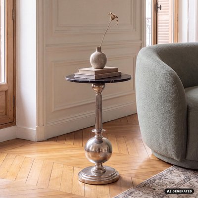 FineBuy Beistelltisch Rund 40cm Silber mit massiver Marmorplatte Schwarz - Design Anstelltisch Metall Naturstein - Loungetisch Couchtisch Art Déco - Sofatisch Wohnzimmertisch Handmade
