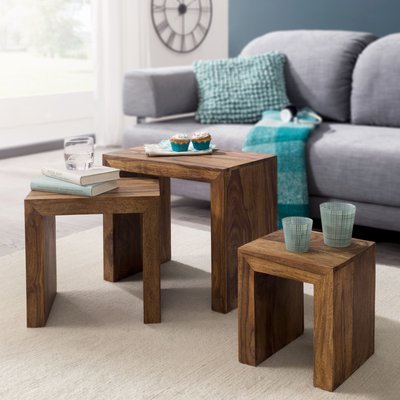 FineBuy 3er Set Satztisch Massiv-Holz Wohnzimmer-Tisch Landhaus-Stil Beistelltisch dunkel-braun Naturholz Couchtisch Natur-Produkt Wohnzimmermöbel Unikat Massivholzmöbel Echtholz Anstelltisch