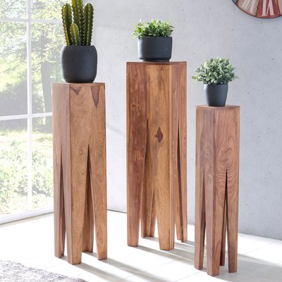 FineBuy Beistelltisch 3er Set Massivholz Satztisch Quadratisch Modern, Säulentisch Pflanzentisch 3-teilig, Blumenständer Blumentisch Wohnzimmer, Pflanzenhocker Blumenhocker Dekosäule