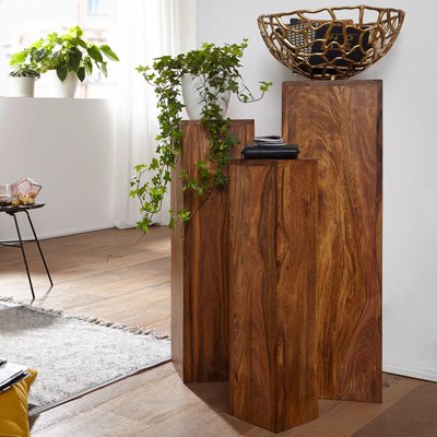 FineBuy Beistelltisch 3er Set Massivholz Satztisch Quadratisch Modern, Säulentisch Pflanzentisch 3-teilig, Blumenständer Blumentisch Wohnzimmer, Pflanzenhocker Blumenhocker Dekosäule