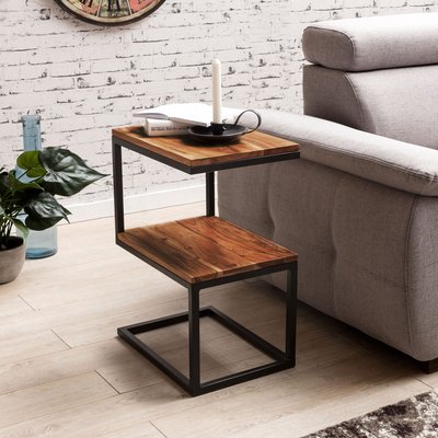 FineBuy Beistelltisch S-Form Massivholz / Metall 45 x 60 x 30 cm, Design Wohnzimmertisch Landhaus-Stil, Anstelltisch Ablagetisch eckig