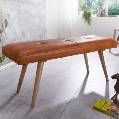 FineBuy gepolsterte Sitzbank 120cm Massivholz Echtleder Braun - Polsterbank für Garderobe, Schlafzimmer & Wohnzimmer - Garderobenbank Eingangsbereich