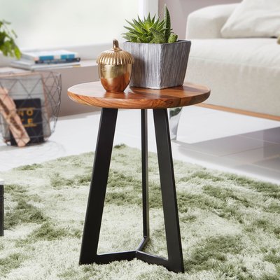 FineBuy Beistelltisch SV51462 Sheesham Holz Metall Couchtisch, Industrial Style Echtholz Hocker Wohnzimmer, Holztisch Sofatisch Metallbeine, Anstelltisch Dekotisch