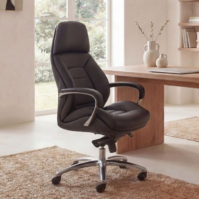 FineBuy Designer Bürostuhl Bezug Echtleder Schreibtischstuhl bis 120 kg, XXL Design Chefsessel höhenverstellbar, Drehstuhl ergonomisch mit Armlehnen & hoher Rückenlehne, Wippfunktion
