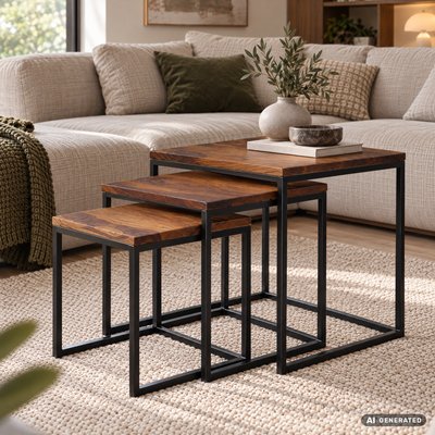FineBuy Satztisch 3er Set Sheesham Massivholz / Metall Beistelltisch Eckig Modern, Design Couchtisch 3-teilig, Wohnzimmertisch Platzsparend, Holztisch Kaffeetisch Wohnzimmer