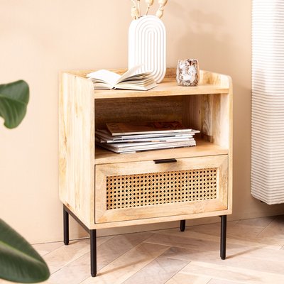 FineBuy Nachtkonsole Mango Massivholz Rattan – Nachttisch im Boho Natur Design mit Schublade & offener Ablage, Nachtkästchen ideal für Boxspringbetten – Wiener Geflecht 50x60x40 cm