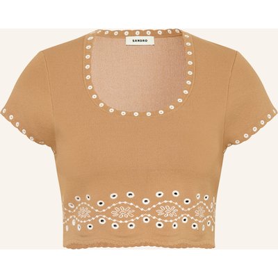 Sandro Cropped-Strickshirt Mit Lochspitze beige
