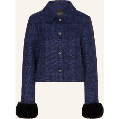 Marc Cain Tweed-Jacke Mit Kunstfell Und Glitzergarn blau