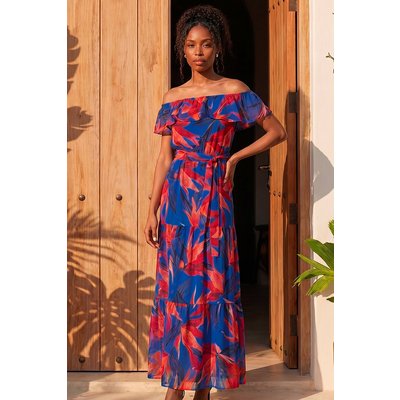 Floral Print Bardot Belted Maxi Dress Floral Print Bardot Belted Maxi Dress