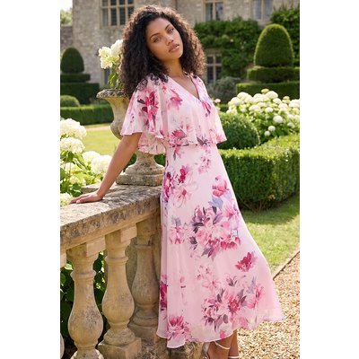 Floral Cape Chiffon Midi Dress Floral Cape Chiffon Midi Dress