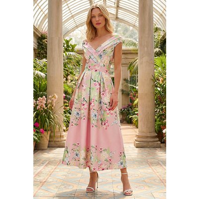 Floral Print Bardot Midi Stretch Dress Floral Print Bardot Midi Stretch Dress