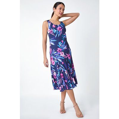 Sleeveless Tropical Print Bias Midi Dress Sleeveless Tropical Print Bias Midi Dress
