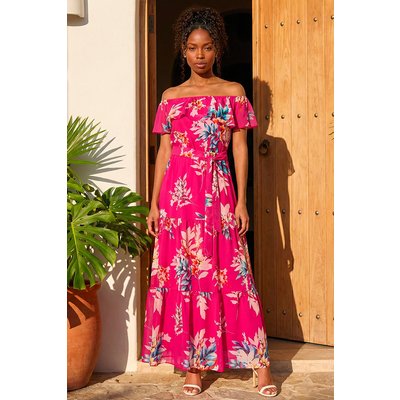 Floral Print Bardot Belted Maxi Dress Floral Print Bardot Belted Maxi Dress