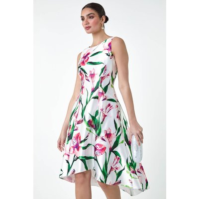 Floral Satin Feel Dipped Hem Midi Dress Floral Satin Feel Dipped Hem Midi Dress