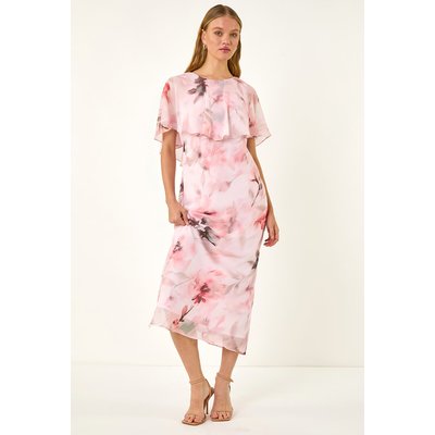 Floral Frill Chiffon Cape Midi Dress Floral Frill Chiffon Cape Midi Dress