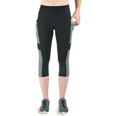 Damen 3/4 Laufhose Capri Hoher Bund, Atmungsaktiv, mit Handytasche-grau