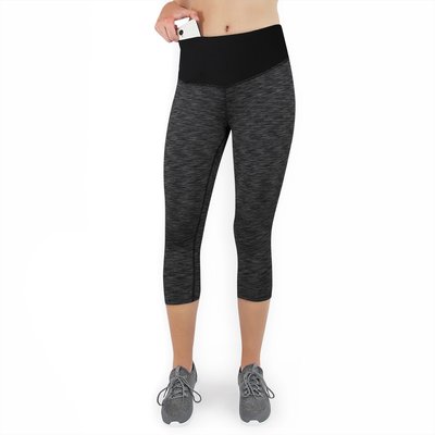 Damen 3/4 Laufhose Capri Hoher Bund, Atmungsaktiv, mit Handytasche-schwarz grau
