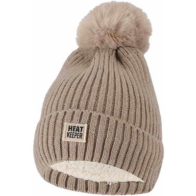 Funktionsmütze mit Bommel Damen - Fleecefutter - Beige meliert