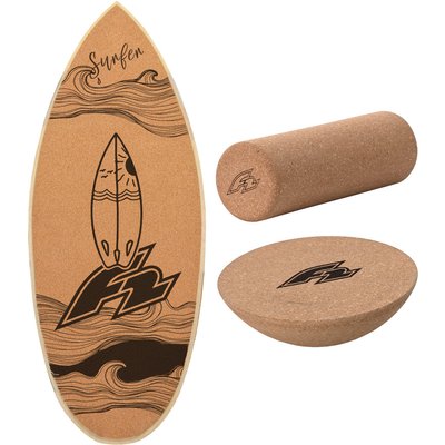 F2 Kork Balance Board Surf 74x30cm mit Korkrolle + Kork Halbkugel