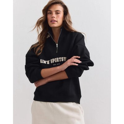 Damen Sweatshirt Halbreißverschluss Gebürsteter Jersey Locker College Schwarz