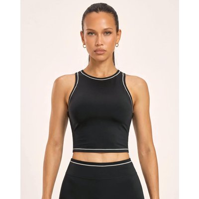 Damen Fitness Sport-BH hoher Ausschnitt Crop Top Paspel Varsity - Schwarz